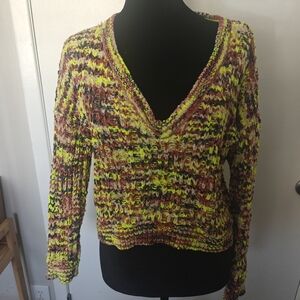 $99 Poof Women'S Yellow Red Chenille Rainbow-Stripe V-Neck Casual Sweater Size S